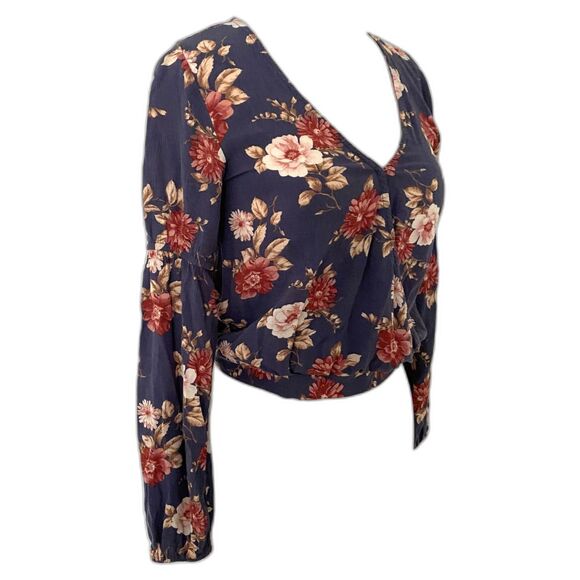 American Eagle Cropped Long Sleeve Floral Blouse Elastic Cuffs Waist Detail XS - Picture 4 of 8